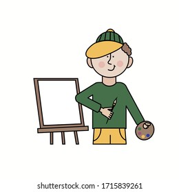 vector character - a boy in a cap, stands near an easel