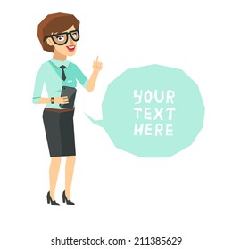 Vector character with bubble for advice, successful business woman in flat design 