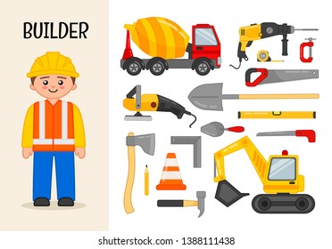 Vector character builder. Illustrations of construction equipment. Set of cartoon professions.