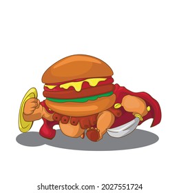 carácter vector de una hamburguesa que se asemeja a un soldado portando armas. carácter de carga vectorial