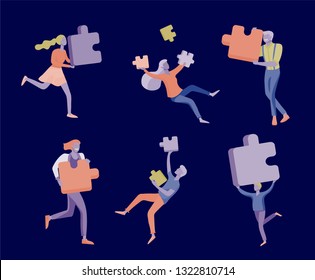 Vector character business people with infographic of puzzle have solution. Goal thinking. Cooperation by group to create a team. Concept for web design Colorful flat concept illustration.