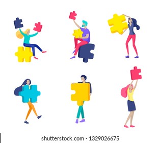 Vector character business people with infographic of puzzle have solution. Goal thinking. Cooperation by group to create a team. Concept for web design Colorful flat concept illustration.