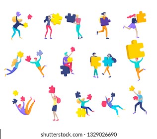 Vector character business people with infographic of puzzle have solution. Goal thinking. Cooperation by group to create a team. Concept for web design Colorful flat concept illustration.