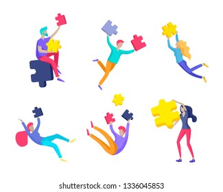 Vector character business people with infographic of puzzle have solution. Goal thinking. Cooperation by group to create a team. Concept for web design Colorful flat concept illustration.
