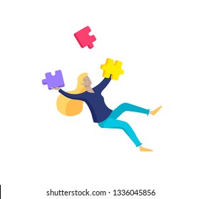 Vector character business people with infographic of puzzle have solution. Goal thinking. Cooperation by group to create a team. Concept for web design Colorful flat concept illustration.