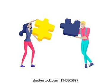Vector character business people with infographic of puzzle have solution. Goal thinking. Cooperation by group to create a team. Concept for web design Colorful flat concept illustration.