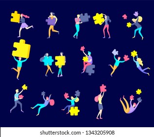 Vector character business people with infographic of puzzle have solution. Goal thinking. Cooperation by group to create a team. Concept for web design Colorful flat concept illustration.