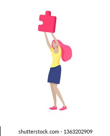 Vector character business people with infographic of puzzle have solution. Goal thinking. Cooperation by group to create a team. Concept for web design Colorful flat concept illustration.