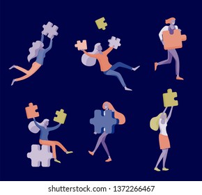 Vector character business people with infographic of puzzle have solution. Goal thinking. Cooperation by group to create a team. Concept for web design Colorful flat concept illustration.