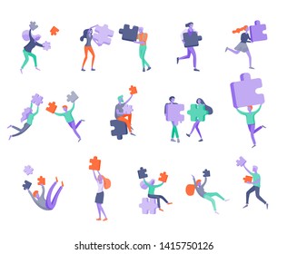 Vector character business people with infographic of puzzle have solution. Goal thinking. Cooperation by group to create a team. Concept for web design Colorful flat concept illustration.