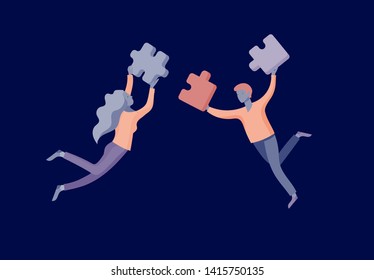 Vector character business people with infographic of puzzle have solution. Goal thinking. Cooperation by group to create a team. Concept for web design Colorful flat concept illustration.