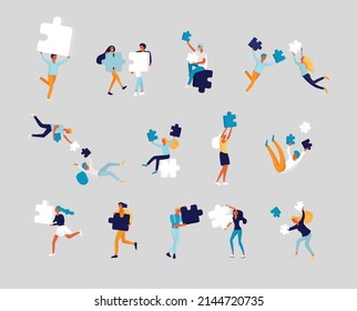 Vector character business people with infographic of puzzle have solution. Goal thinking. Cooperation by group to create a team. Concept for web design Colorful flat concept