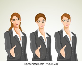 Vektorgrafik, Business Set-1. Gruppe von jungen Geschäftsfrauen, die eine professionelle Uniform tragen und Händchen für Geschäfte anbieten. eps10.