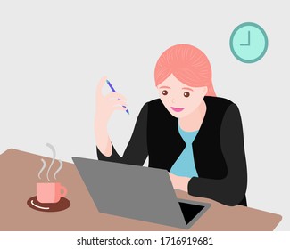 vector character of business woman work from home with laptop and coffee on brown table, young woman hold pen with hand and thinking about work