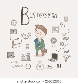 Vector character - Businessman with different business icons around isolated on light background