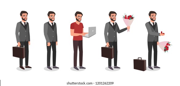 Vector character businessman with different emotions: business, busy, working, giving flowers, making a marriage proposal
