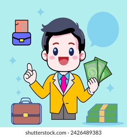 Vector character Businessman hold money bag with dollars suitable for presentation 
