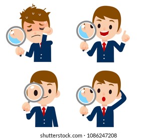 Vector character of businessman holding magnify glass in different actions