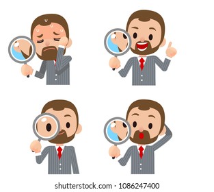 Vector character of businessman holding magnify glass in different actions