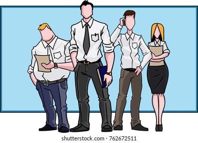 Vector character businessman as a leader, teamwork, successful, team, office workers, outline, linear, fine line art, cartoon, draw sketch design, simple style, business