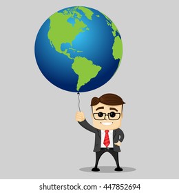 vector character. businessman or manager character happy for the success. flat illustration. businessman and the earth. 