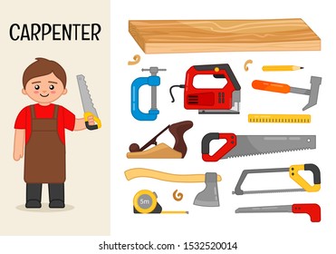 Vector character carpenter. Illustrations of carpenter equipment. Set of cartoon professions.