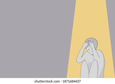Vector - Character cartoon man sitting and hold his head in gray room and yellow light. Feeling sadness, upset, depressed from work, business, life, family or health. Copy space.