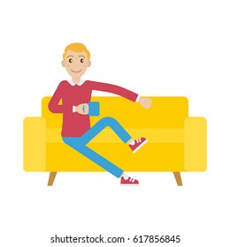 Vector character cartoon man watching tv sofa tea cup