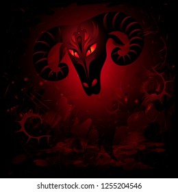 Vector character cartoon ram head with burning eyes fantasy style on glowing black-red abstract gradient with transparent details waves dark background