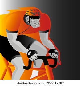 Vector character cartoon serious cyclist athlete with stress and willpower cycling participating in a competition marathon on background isolate