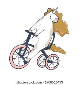 
Vector character, cartoon white unicorn rides a tricycle