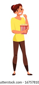 Vector character casual woman eating popcorn. Standing pose of front view girl isolated on white background. Cartoon flat design for cinema, fast food, street food, good and bad eating habits concept