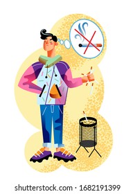 Vector character casual young man stops smoking and throws cigarettes into the trash. Choose healthy lifestyle, anti tobacco and no smoking life. Concept of self control, life change and good habits