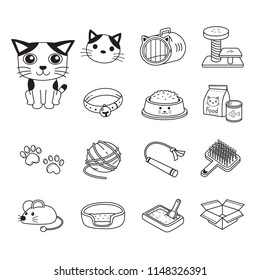 Vector character cat and accessories set cartoon style for design.