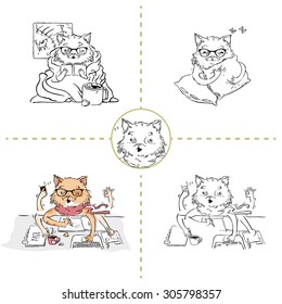 Vector character - Cat Blogger, writer, businessman with different business icons around isolated on light background. Cute fashion Hipster Animals & pets cat, set of vector icons bear portrait.