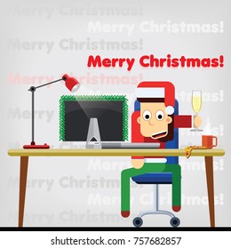 Vector character celebrates New Year and Christmas at the office with a glass of champagne. Flat