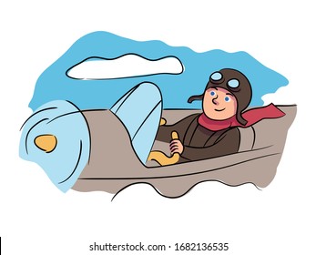 Vector character cheerful guy playing games and dreaming. Teenage boy imagines himself pilot flying in airplane. Profession for child, childish activities, creative, imagination and childhood concept