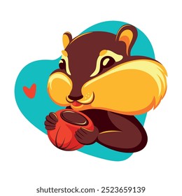 Vector character chipmunk with a nut in his hands. Bright vector sticker in autumn colors, handdrawn, not AI-generated