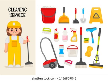 Vector Character Cleaning Lady. Illustrations Of Cleaning Service Equipment. Set Of Cartoon Professions.