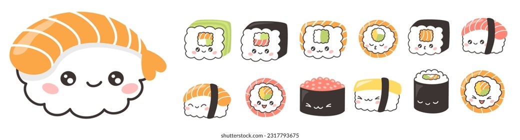 Vector character collection. Cute sushi and rolls. Fun food set on white background. Vector illustration