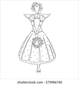 Vector character coloring Scandinavian garden angel rag doll in a dress with a wreath in the hands. Picture for painting. Cartoon style.