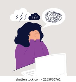 Vector character at the computer hides his face with his hands. Fatigue from work or study, misunderstanding. Headache, confusion. Colored flat illustration.