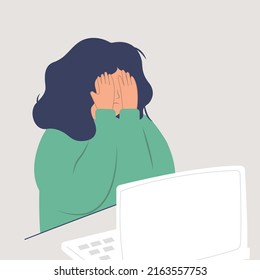 Vector character at the computer hides his face with his hands. Fatigue from work or study, misunderstanding. Headache, confusion. Colored flat illustration.