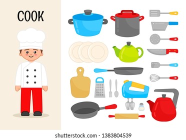 Cocina vectorial. Ilustraciones de objetos para cocinar. Conjunto de profesiones de caricaturas.
