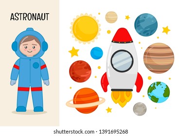 Vector character cosmonaut. Illustrations of rocket and planets. Set of cartoon professions.