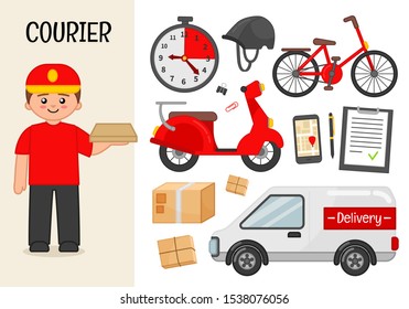 Vector character courier. Illustrations of courier equipment. Set of cartoon professions.