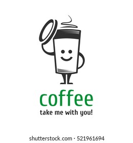 Vector character cup of coffee. Template logo for coffee shops, takeaway coffee, coffee to go. Smiling cup of coffee.