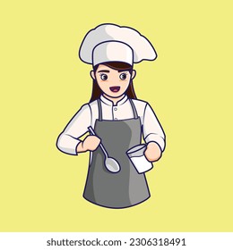 Carácter vectorial de la chica del chef Cute sosteniendo cuchara y actividad de cocina de cristal. Bien por Icono, logotipo de mascota.