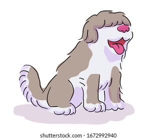 Vector character cute furry big sitting dog isolated on white. Happy and funny cartoon puppy sits with his tongue hanging out in side view. Cartoon flat character design for childish illustration