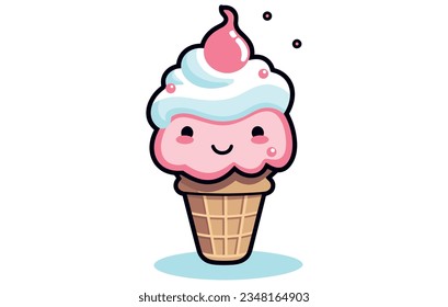 vector character of cute ice cream. smile cartoon character art, Cartoon kawaii ice cream cone
